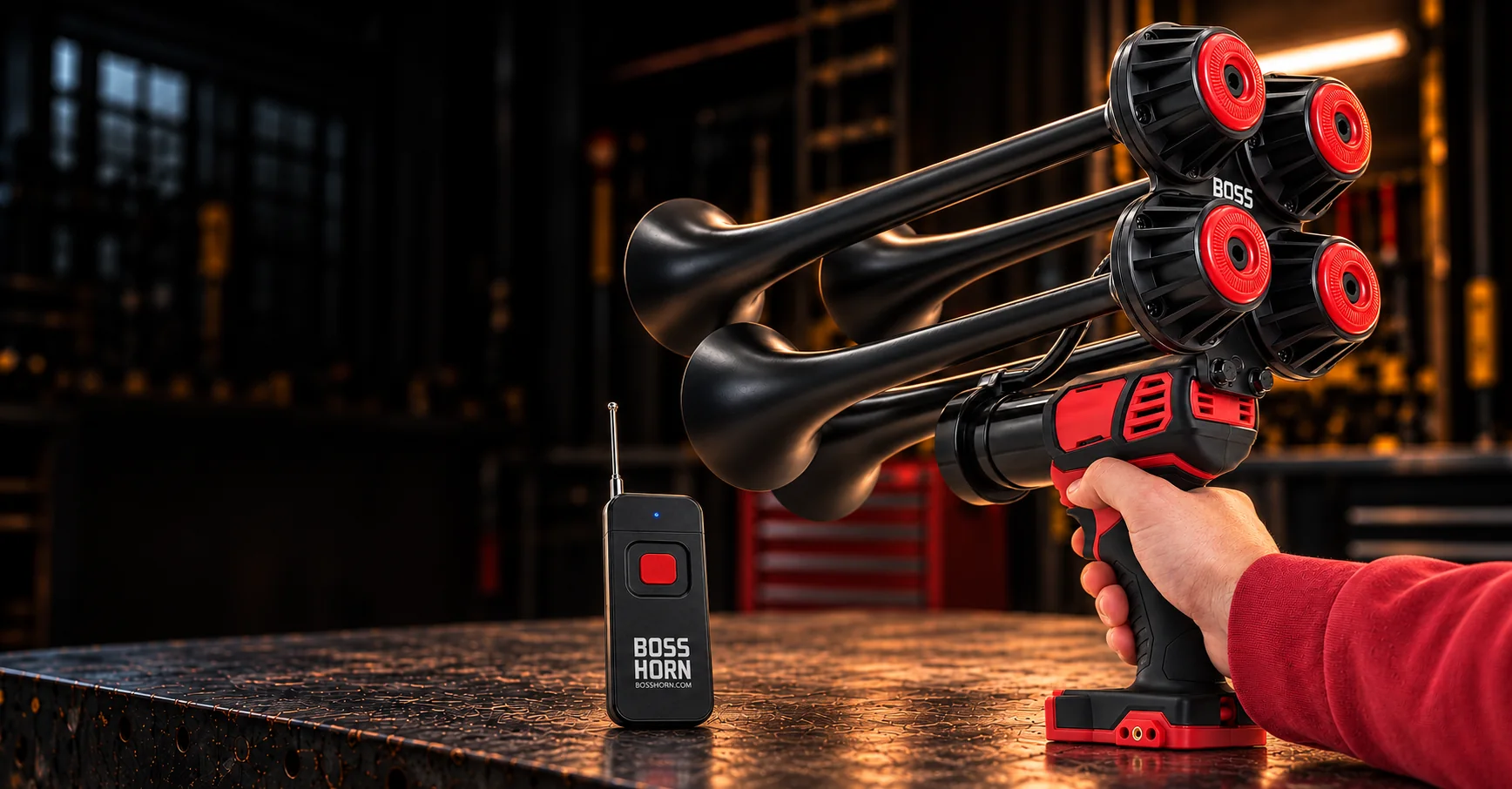Boss Horn cordless train horn and wireless remote in a warm workshop