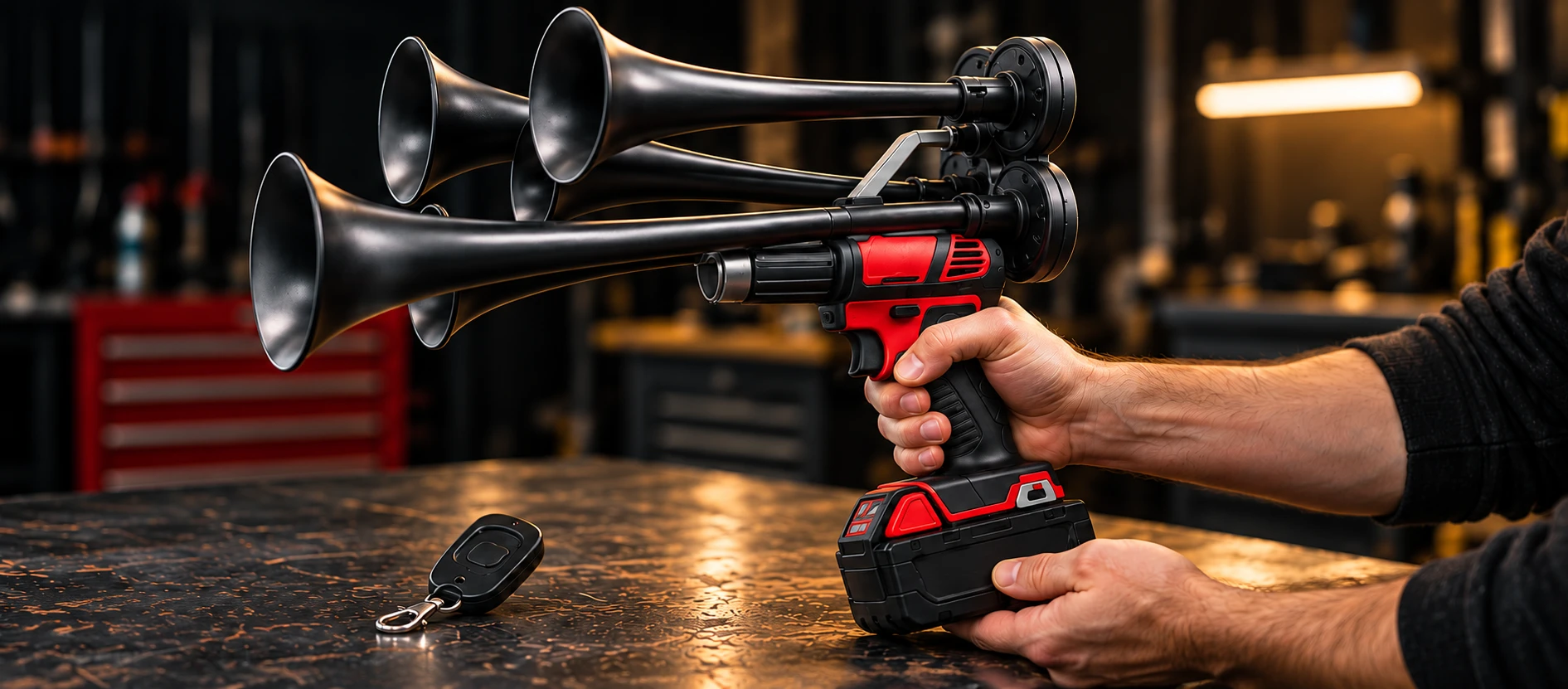 A complete cordless horn, compatible battery and wireless remote