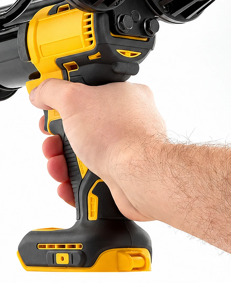 Close-up of Apex Quad handle and battery connection for Dewalt