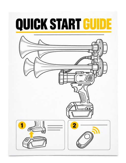 Quick Start Guide on Letter paper with horn setup diagrams
